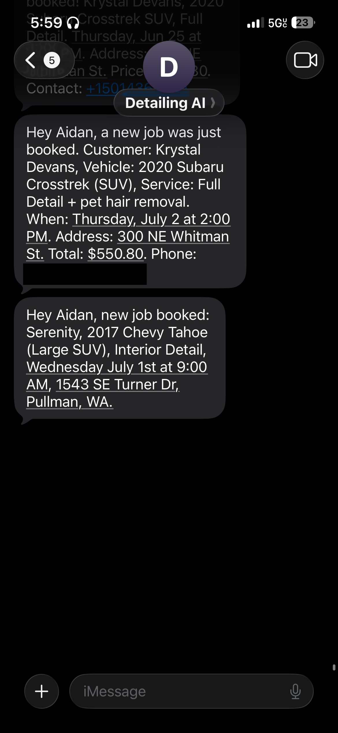 Text notification: new job booked